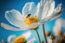  A Bee Is Sitting On A Flower With A Blue Sky In The Background Of The Photo, With A Few White Flowers In The Foreground.  Generative Ai