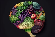  A Drawing Of A Human Brain Made Up Of Different Types Of Vegetables And Fruits On A Black Background With A Black Background And A Black Background.  Generative Ai