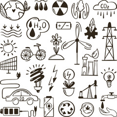 Poster - Green energy doodle set. Ecology, environmental sketch concept. Hands draw eco elements, isolated neoteric lamp, battery, wingmill vector collection