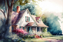 Watercolor Painting Of A Cottage In The Countryside. Countryside Landscape, Spring Season, Printable Art