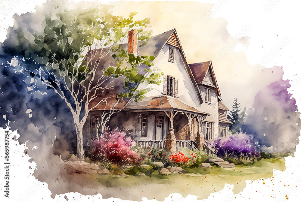 Digital watercolor painting of a house in the countryside. Beautiful ...