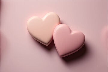  two heart shaped cookies sitting on top of a pink table top next to a pink wall with a pink frame on it and a pink background.  generative ai