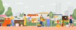 © WinWin - Flea market fair event, street fair. People selling second hand furniture, plants. Street sale with vintage goods, female and male characters