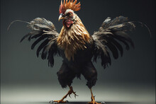 Tough Rooster Chicken With Sharp Talons Standing Up And Spreading His Ruffled Feathers. Generative AI