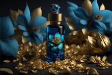  A Blue Glass Bottle With A Flower On It And Gold Leaves Around It And A Blue Flower On The Top Of The Bottle With A Gold Cap.  Generative Ai