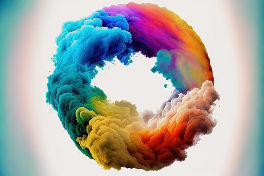  a rainbow colored cloud of smoke in the shape of a letter o on a white background with a blue border around it and a white background.  generative ai