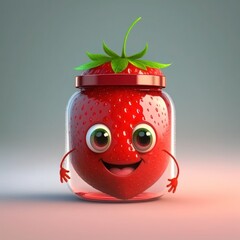 Wall Mural - Cartoon character smiling strawberry jar, generative ai