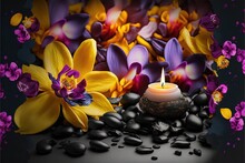  A Lit Candle Surrounded By Flowers And Rocks On A Black Surface With Water Droplets On The Bottom Of The Image And A Black Background With Purple And Yellow Flowers.  Generative Ai