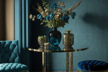  A Table With A Vase Of Flowers And Two Vases On Top Of It With A Blue Velvet Chair In Front Of It And A Blue Wall With A Gold Trim.  Generative Ai