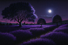 Landscape Lavender Field At Night By Moonlight AI