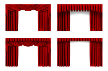 Red stage curtain. Opera or cinema luxury drapery for interior decoration design. Realistic classic concert, or show hall decor