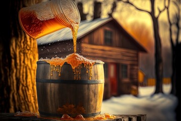 Wall Mural - Pure, unrefined, and very tasty maple syrup pours into a bucket at a sugar shack. Generative AI