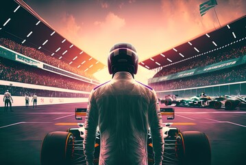 Wall Mural - A Formula One driver waits outside the venue for the race. artificial intelligence that can generate new ideas Generative AI