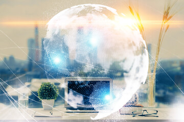 Aufkleber - Double exposure of business theme icons and work space with computer background. Concept of success.