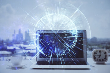 Aufkleber - Double exposure of business theme icons and work space with computer background. Concept of success.