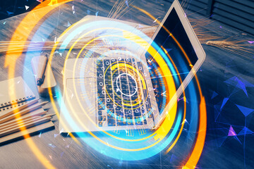 Aufkleber - Computer on desktop in office with technology theme hologram. Double exposure. Tech concept.