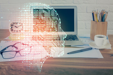 Poster - Double exposure of desktop with computer and brain drawing hologram. Artificial intelligence concept.