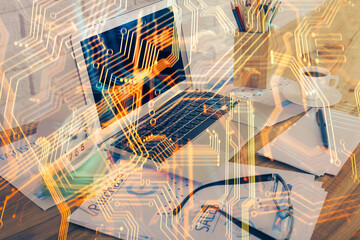 Aufkleber - Computer on desktop in office with technology theme hologram. Double exposure. Tech concept.