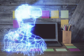 Poster - Computer on desktop with AR theme icon. Multi exposure. Concept of augmented reality.