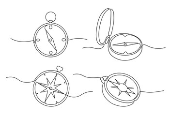 Traveller compass of different design. Single one line drawing equipment for exploration and navigation. Continuous line