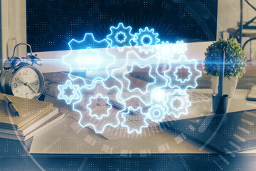 Aufkleber - Double exposure of business theme icons and work space with computer background. Concept of success.