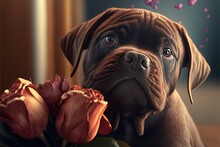  A Brown Dog Sitting Next To A Bunch Of Flowers And A Vase Of Red Flowers On A Table With A Butterfly In The Sky Above It.  Generative Ai