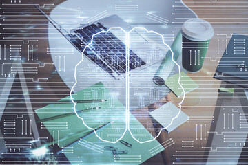 Aufkleber - Double exposure of desktop computer and human brain drawing hologram. Ai concept.
