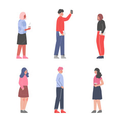 Poster - Young Man and Woman Student or Teenager Standing with Coffee and Smartphone Vector Set