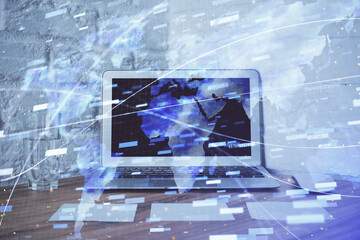 Aufkleber - Double exposure of desktop with personal computer on background and tech theme drawing. Concept of Bigdata.