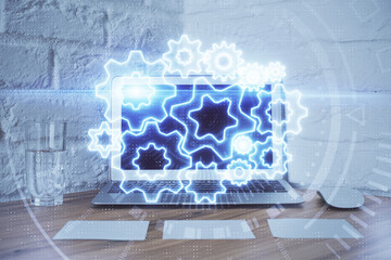 Aufkleber - Double exposure of business theme icons and work space with computer background. Concept of success.