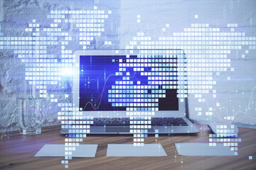 Aufkleber - Double exposure of business theme icons and work space with computer background. Concept of success.