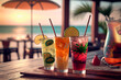Summer cocktails on luxury tropical beach resort at sunset. Exotic summer drinks cocktails. Youth and summer vacation concept. Party, Vacations, summer holidays, summertime. Generative AI.