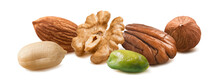 Nut Mix Isolated On White Background. Peanut, Pecan, Walnut, Almond, Hazelnut, Pistachio