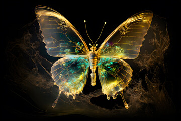 Sticker - Artistic painting of a surreal butterfly made of bioluminescent seaglass. Splattered oil backlit. Generative AI.