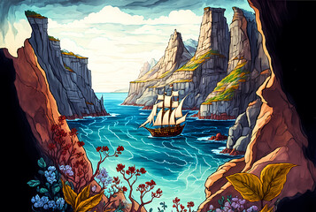 Wall Mural - Beautiful fantasy landscape with a ship in the sea. Fantasy illustration with rocks and calm sea.