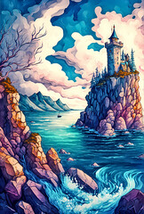 Wall Mural - Castle on the rock in the ocean. Digital painting.