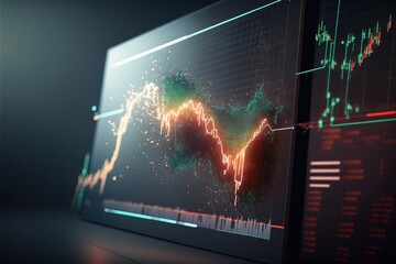 Wall Mural -  a computer screen displaying a stock chart and a green arrow on the screen with a red arrow on the bottom of the screen and a green arrow on the bottom of the screen.  generative ai