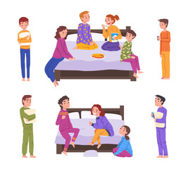 Sticker - Funny Boy and Girl Teens in Pajamas with Pillows Having Slumber Party Vector Set