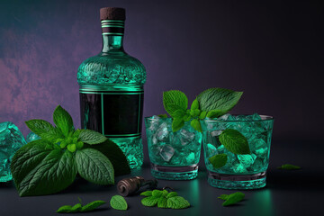  a bottle of alcohol and two glasses filled with ice and mint leaves with a bottle of mint in the background and a glass with mint on the side.  generative ai