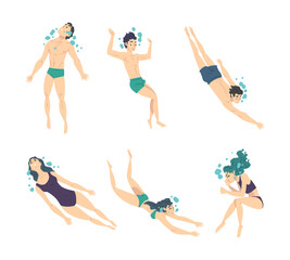 Sticker - People Characters Swimming in Water Diving and Plunging with Bubbles Vector Set