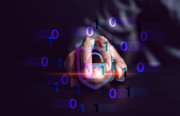 Poster - Cybersecurity and privacy concepts to protect data. businessman with internet network security technology. Businessman locking personal data on computer with virtual screen interfaces. cyber security.