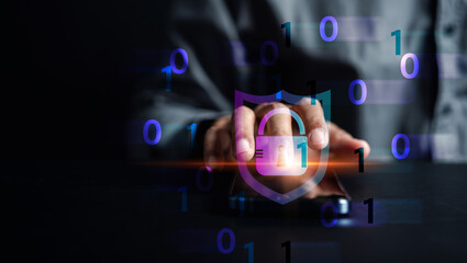 Poster - Cybersecurity and privacy concepts to protect data. businessman with internet network security technology. Businessman locking personal data on computer with virtual screen interfaces. cyber security.