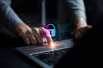 Poster - Cybersecurity and privacy concepts to protect data. businessman with internet network security technology. Businessman locking personal data on computer with virtual screen interfaces. cyber security.