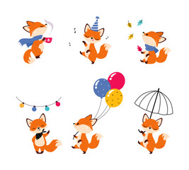 Sticker - Cute Little Fox Engaged in Different Activity Vector Set