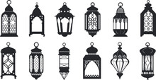 Black Ramadan Lanterns. Fanous Line Lantern, Arabic Lamps Silhouettes Vintage Egyptian Moroccan Dubai Eastern Lamp For Islamic Mosque Or Arabian Lighting, Neat Vector Illustration