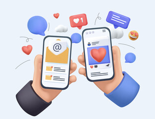 Fototapete - 3d hands holding phone with message, icons and emoji. 3d communication concept on white background. 