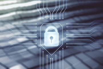 Aufkleber - Virtual creative lock symbol and microcircuit illustration on blurry metal background. Protection and firewall concept. Multiexposure