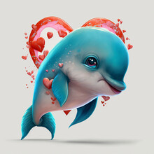 Adorable Valentines Day Animal. Baby Dolphin. Love. Hearts. Graphics Resource. Generative Ai