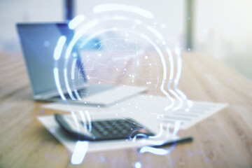 Poster - Abstract virtual artificial Intelligence interface with human head hologram on calculator and laptop background. Multiexposure