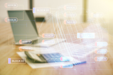 Poster - Double exposure of abstract programming language hologram and world map on blurry calculator with laptop background, research and development concept